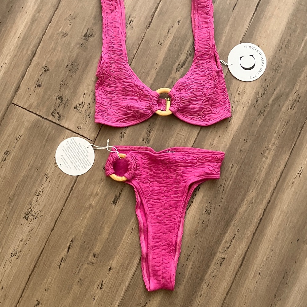 Cleonie Swim Australia Oceana Pink Crinkle High Cut Wood O-Ring Bikini Set S